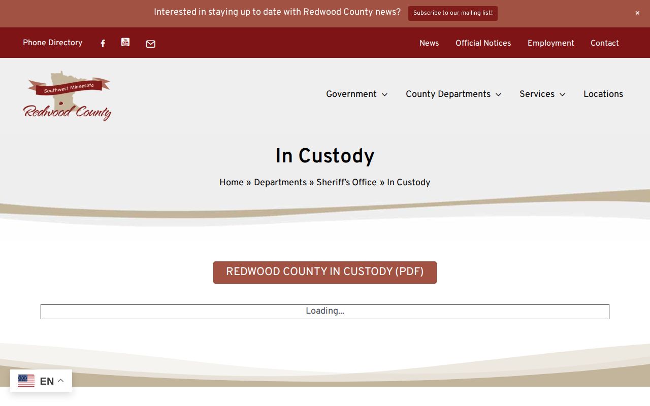 Redwood County Jail current roster gateway for release verification
