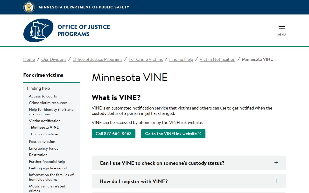 Minnesota VINE page for Redwood County jail release notifications